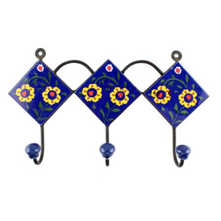 Navy Blue And Yellow Ceramic Floral Tiles Hook